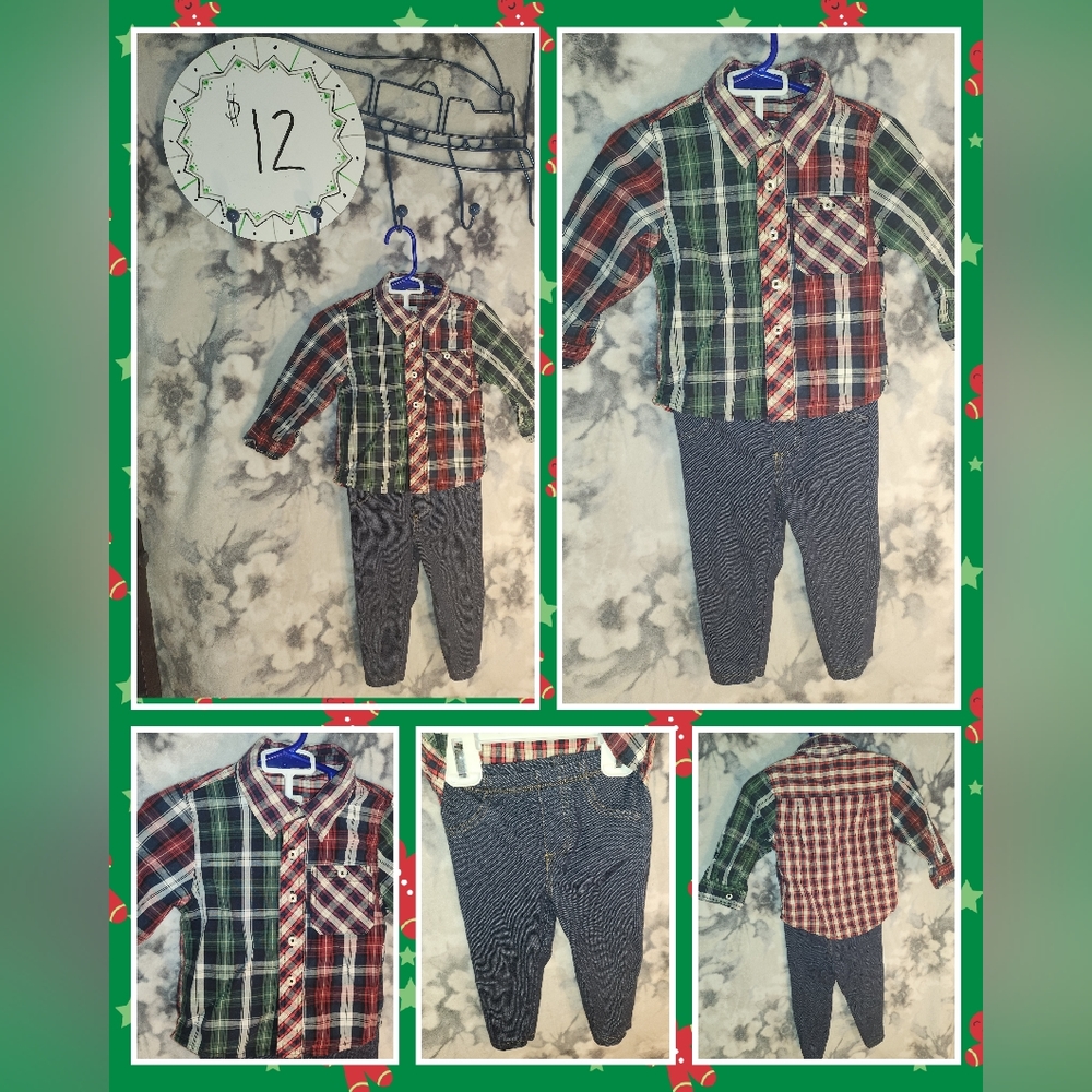12 month matching Outfit Set Lot Plaid Christmas Button Up and Navy Blue Pants